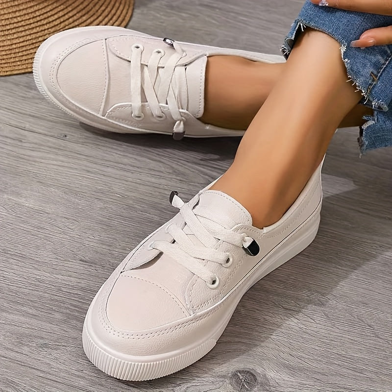 Women's White Lace-Up Flat Shoes - Breathable Soft Insole