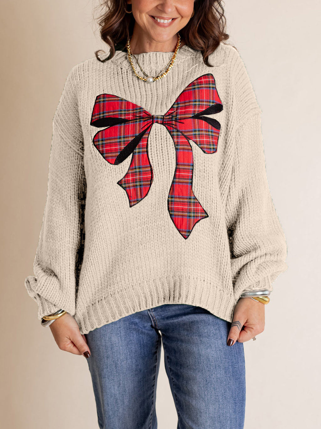 Women's Christmas Plaid Bow Sweater (Buy 2 Free Shipping)