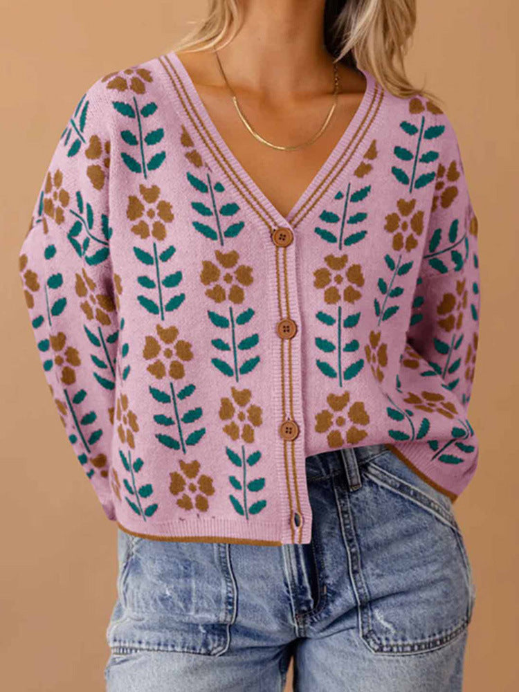Women's V Neck Floral Print Sweater Cardigan (Buy 2 Free Shipping)