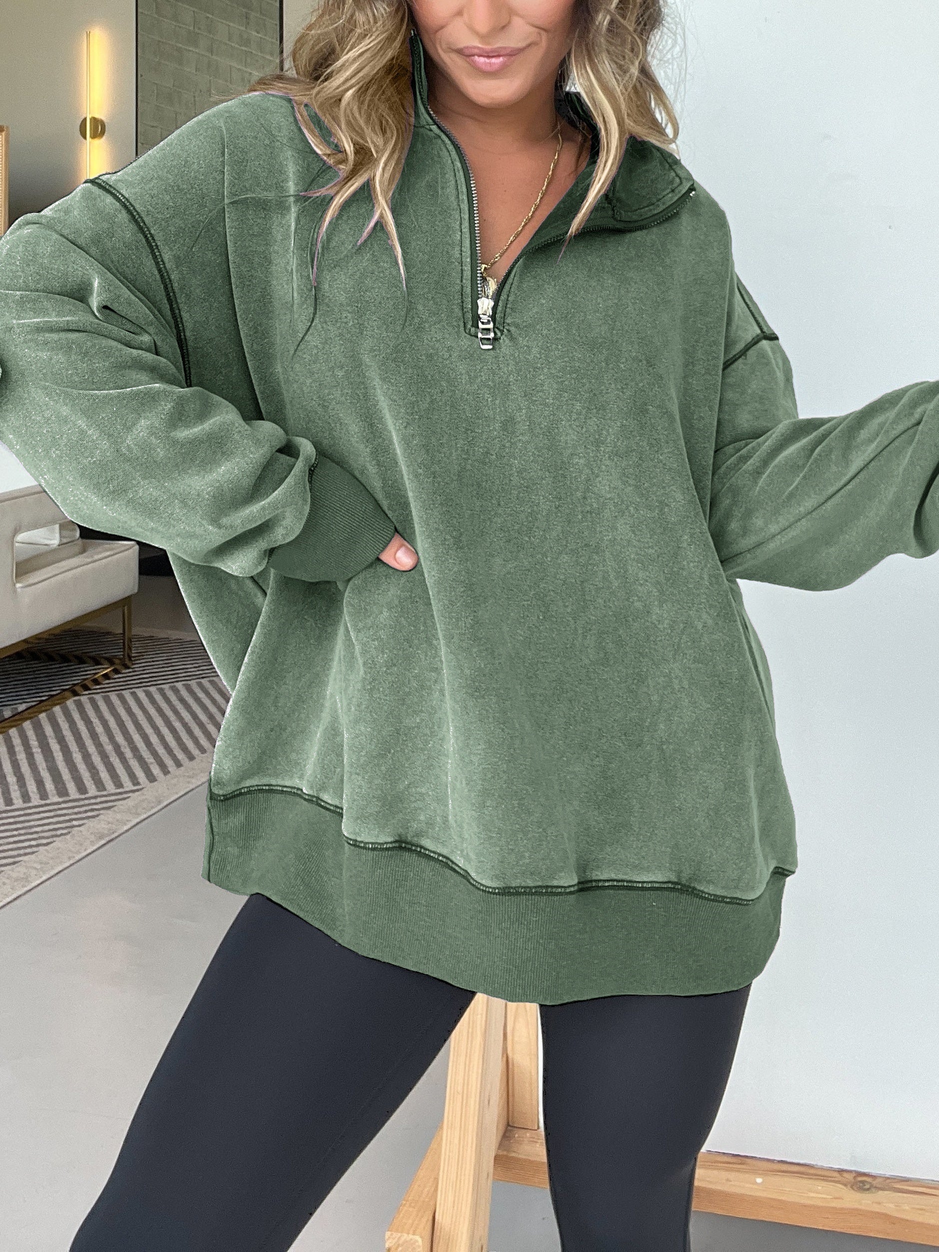 Women's Oversized Quarter Zip Vintage Pullover (Buy 2 Free Shipping)