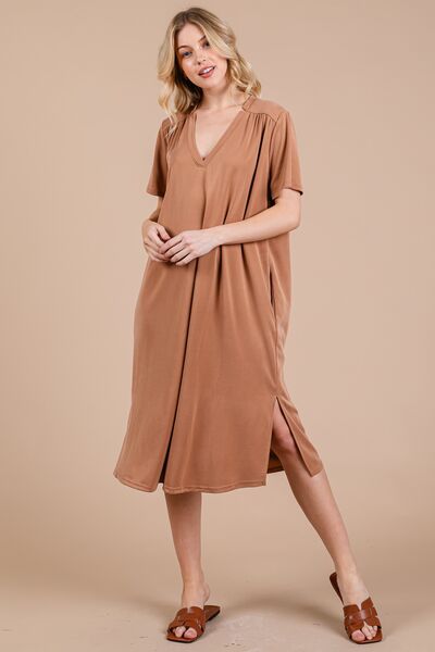 Ces Femme Side Slit Short Sleeve Midi Dress with Pockets