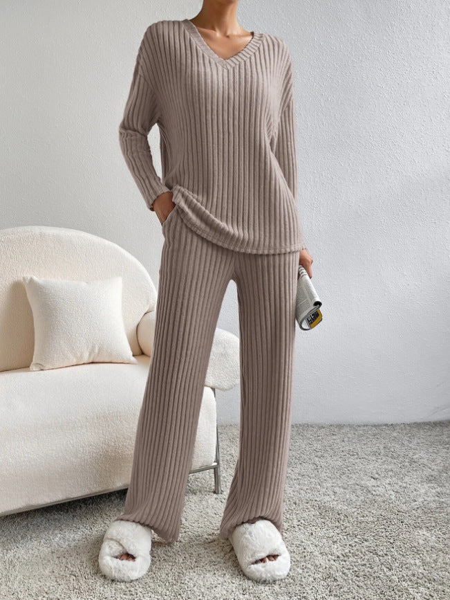 Women's Solid Drop Shoulder Pocket Lounge Set, Casual High Stretch Relaxed Fit Long Sleeve V Neck Top & Straight Leg Pants Two-piece Set, Women Nightwear, Machine Washable, Pj Sets for Women, Women's Sleepwear for Spring