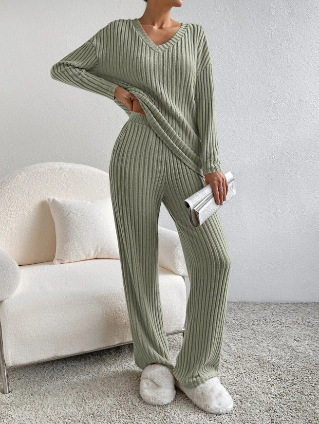 Women's Solid Drop Shoulder Pocket Lounge Set, Casual High Stretch Relaxed Fit Long Sleeve V Neck Top & Straight Leg Pants Two-piece Set, Women Nightwear, Machine Washable, Pj Sets for Women, Women's Sleepwear for Spring