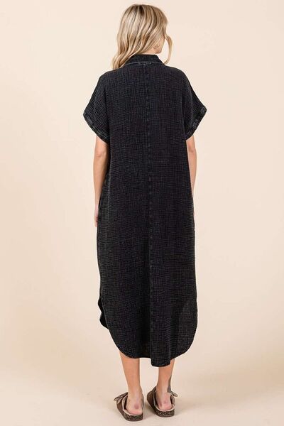 Mittoshop Mineral Wash V Neck Button Up Midi Shirt Dress