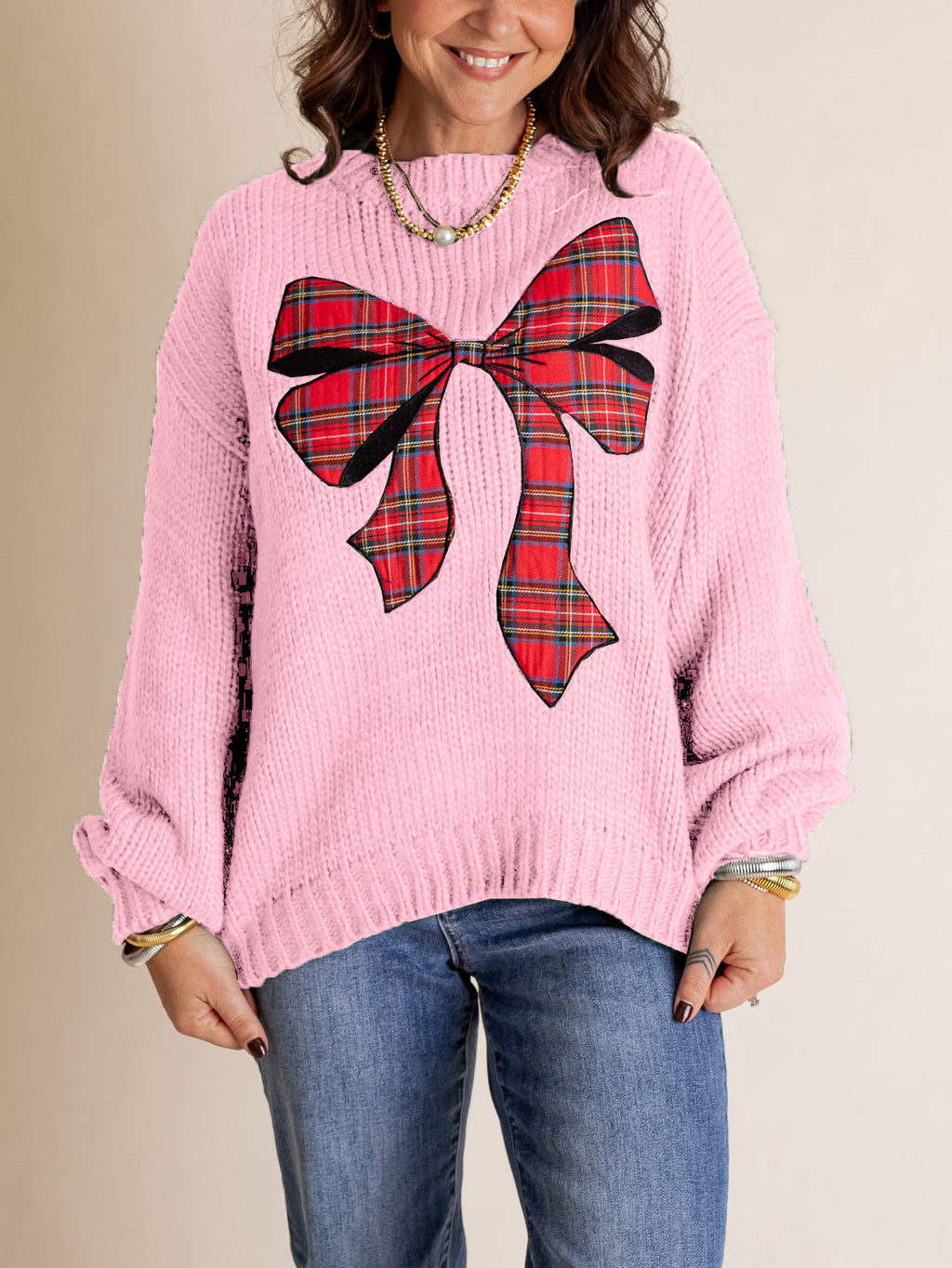 Women's Christmas Plaid Bow Sweater (Buy 2 Free Shipping)