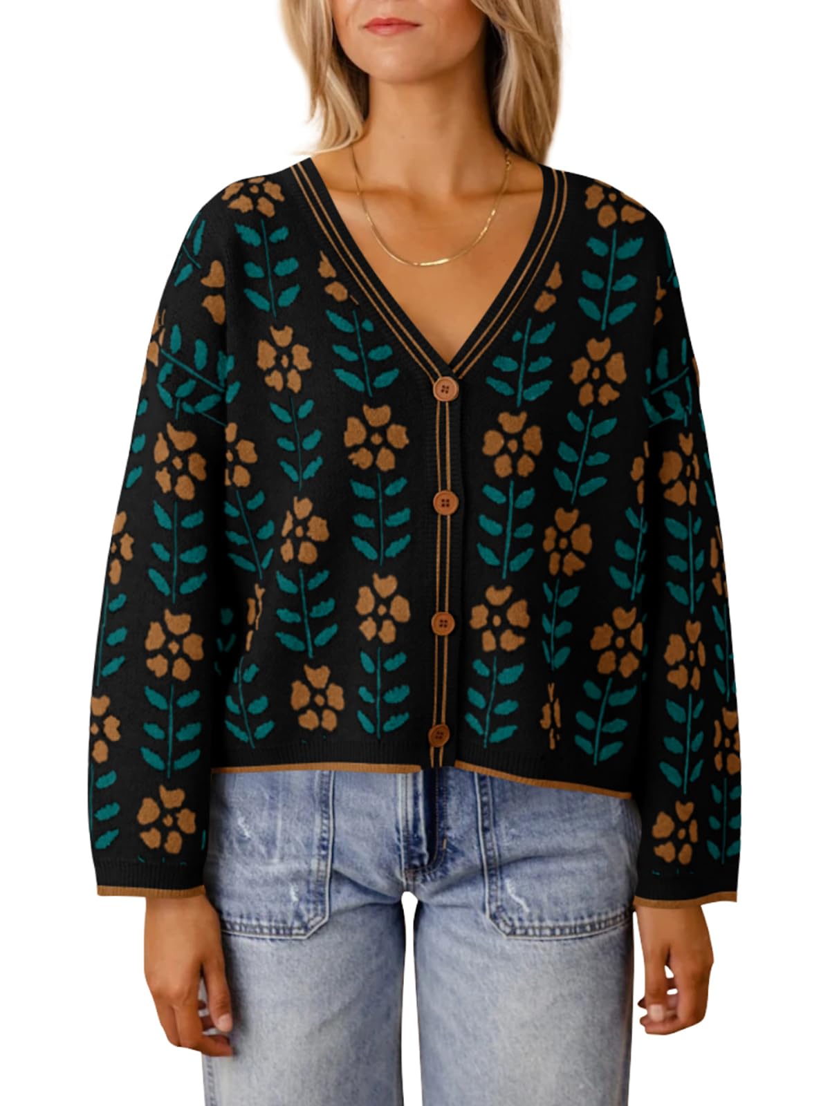 Women's V Neck Floral Print Sweater Cardigan (Buy 2 Free Shipping)