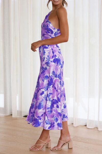 Ruched Printed Single Shoulder Midi Dress