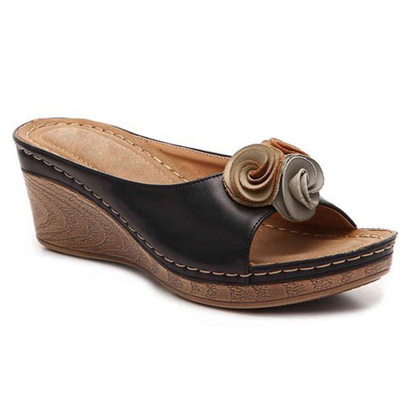 😍Last Day 55% OFF😍-Women's Comfy Leather Solid Flower Strap Wedge Sandals