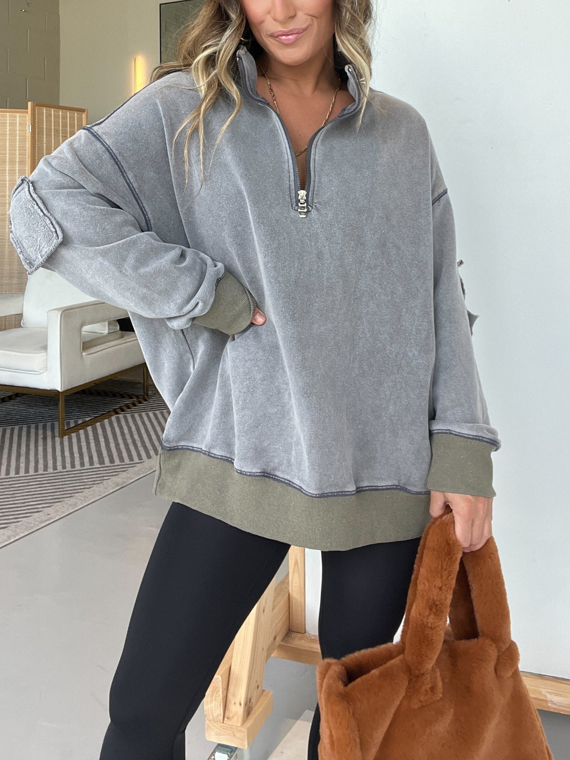 Women's Oversized Quarter Zip Vintage Pullover (Buy 2 Free Shipping)