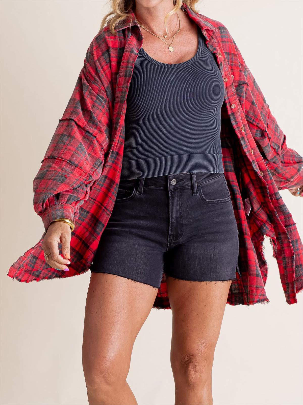Women's Mineral Washed Button Down Plaid Flannel Shirt (Buy 2 Free Shipping)