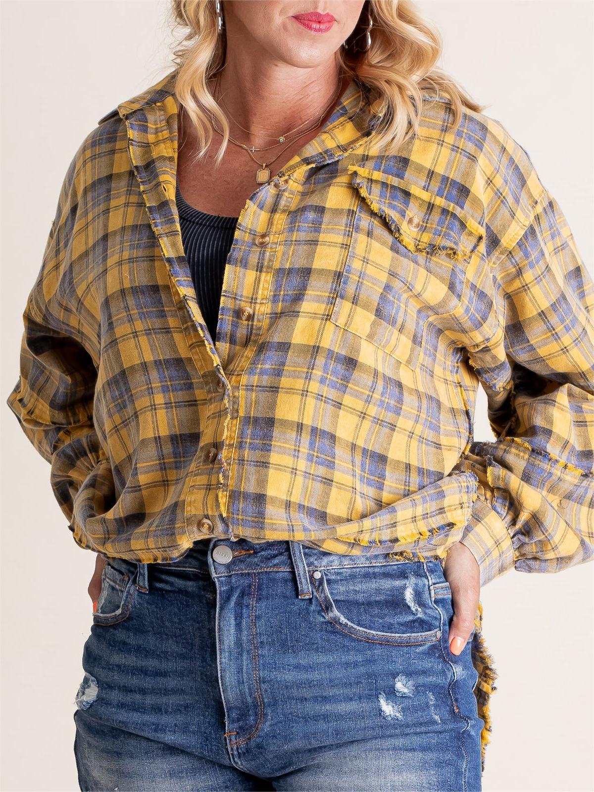 Women's Mineral Washed Button Down Plaid Flannel Shirt (Buy 2 Free Shipping)