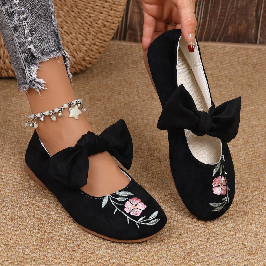 New Embroidered Bow Flat Mary Jane Shoes