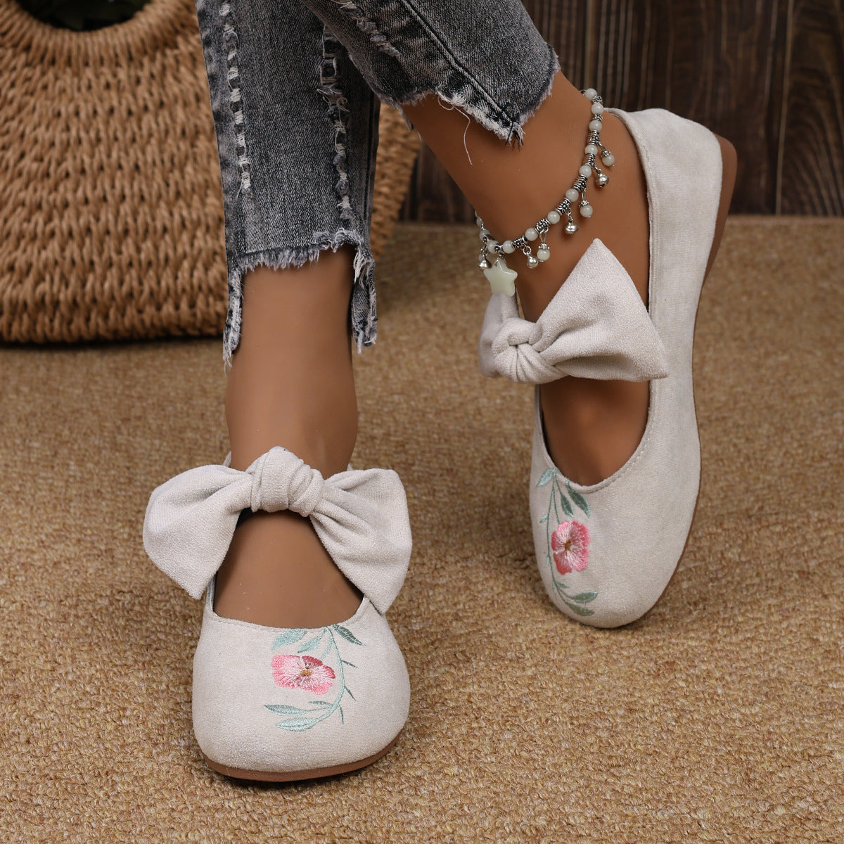 New Embroidered Bow Flat Mary Jane Shoes