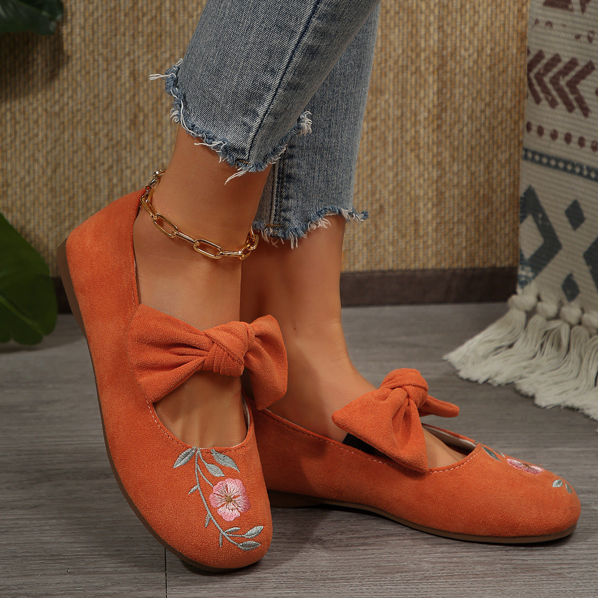 New Embroidered Bow Flat Mary Jane Shoes