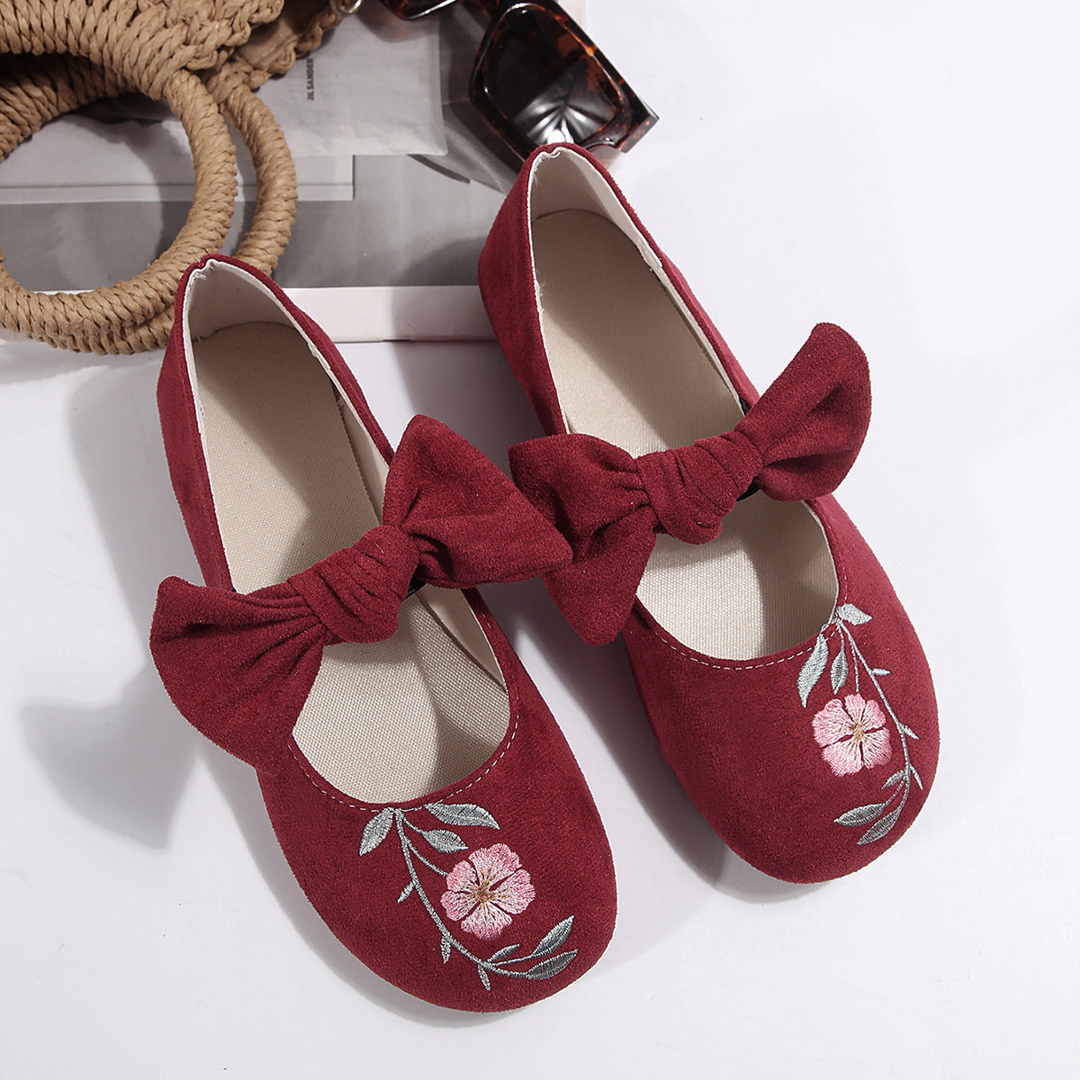 New Embroidered Bow Flat Mary Jane Shoes