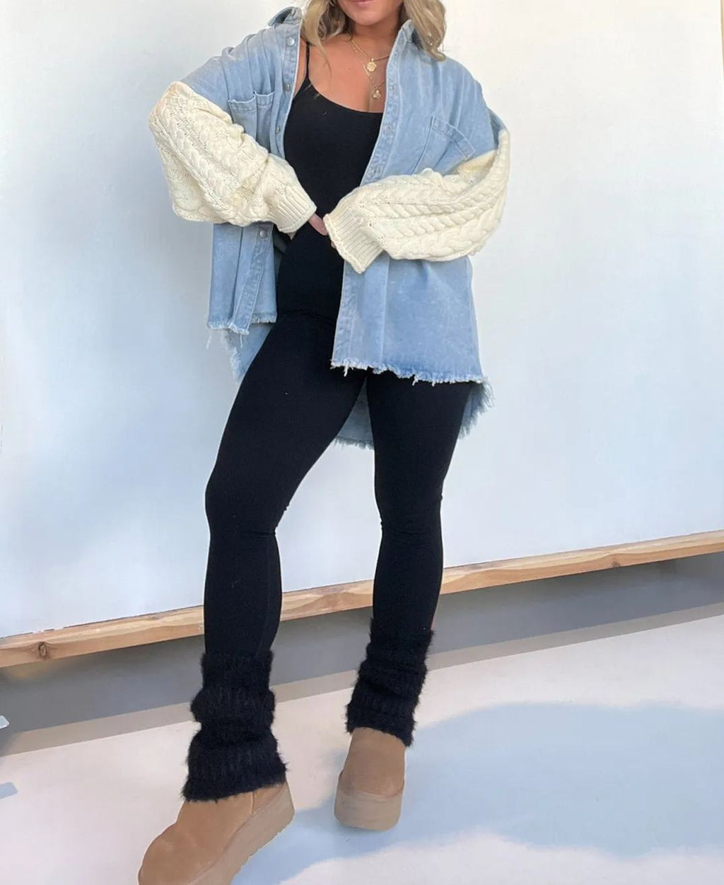 New Cozy Sweater Sleeve Denim Shacket (Buy 2 Free Shipping)